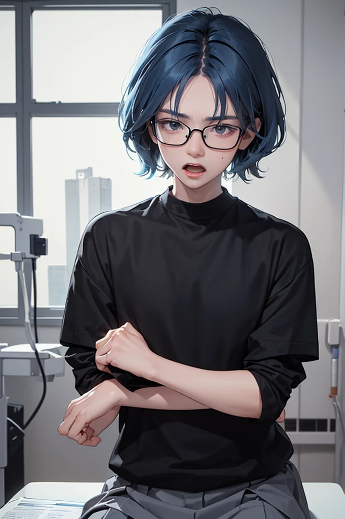 1 boy, age 5-6 years ,Solo, sitting (Looking at the audience), (black shirt:1.5), long skirt ,Stylish clothes Childish man wearing glasses /(blue hair/) Worried face, open mouth (The best quality masterpiece:1.2) , Delicate illustrations, Special details, (hospital examination room) In the building, desk (X-ray image of the lungs:1.2) Detailed background