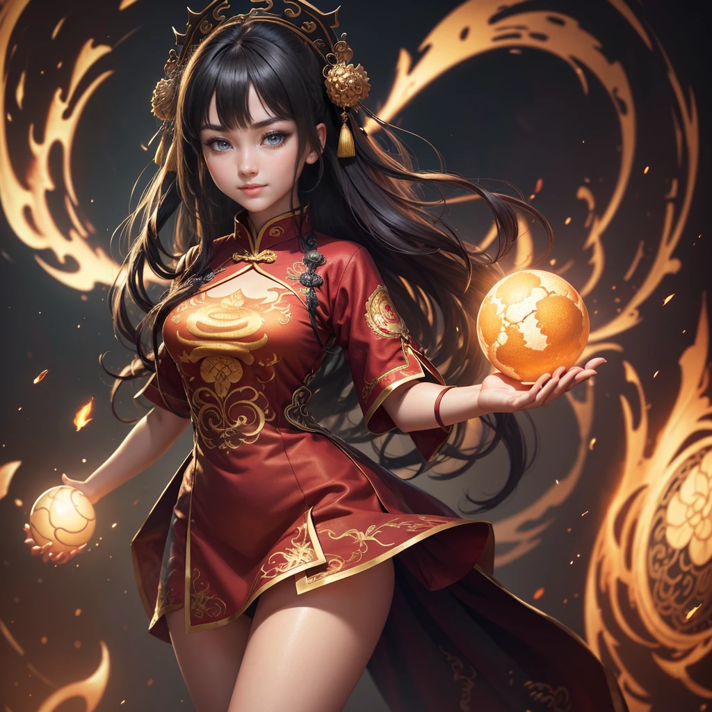 Highly detailed CG unit 8k wallpaper, masterpiece, High resolution, highest quality, highest quality real texture skin, Super Real, Digital Painting, Best image quality, 最High resolution, 8k, ((Highly detailed eyes and face)), 1girl, Beautiful eyes every detail, Full Body Shot, Chinese style embroidery, Cheongsam, ancient China, evil grin, evil smile,