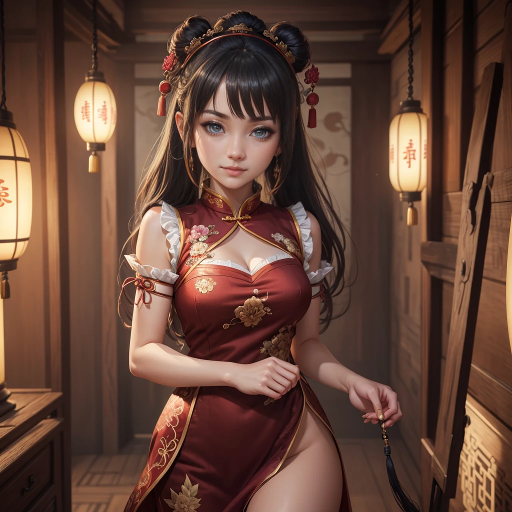 Highly detailed CG unit 8k wallpaper, masterpiece, High resolution, highest quality, highest quality real texture skin, Super Real, Digital Painting, Best image quality, 最High resolution, 8k, ((Highly detailed eyes and face)), 1girl, Beautiful eyes every detail, Full Body Shot, Chinese style embroidery, Cheongsam, ancient China, evil grin, evil smile,