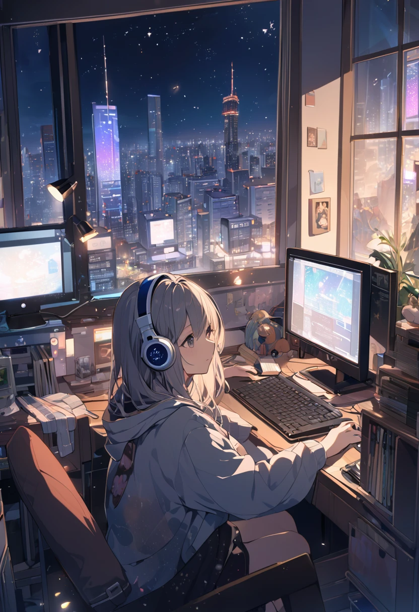 Late at night, in her room, which has a calm atmosphere, she is working silently at her computer while wearing headphones and listening to music. She is dimly illuminated by the backlight from the computer. Outside the window, the lights of the skyscrapers and the stars twinkle in the sky.
--ar
 16:9, highly detailed image, Canon 1Ds 24 mm f/2
--style
 raw