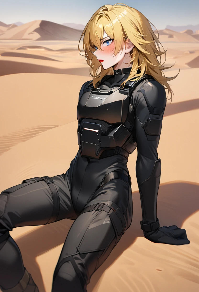 1boy, modern soldier, solo, black eyeliner, male medium length hair, medium hair texture, yellow hair, handsome, blue eyes, black choker, black clothes, black long boots, desert, red lipstick, femboy, blush, thin waist, black body armor