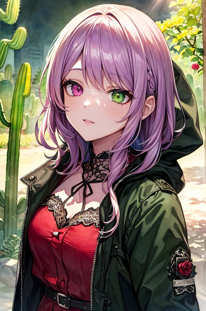 ((sand漠, sand, sand丘, Refraction effect, sun)), (masterpiece, Highest quality), (One girl), (alone), ((Portraiture)), Perfect Face, ((Heterochromia iridis, Blonde and purple hair, ((Red long parka)), Gothic unnecessary belts are everywhere, the background is a beautiful sand漠 with cactus, Tumbleweed, Cinematic Light, sunny day, Dramatic lighting, Super detailed, 8k, watercolor, Dainty, delicate (Gothic Lace, Gothic Rose, Goth aesthetic)