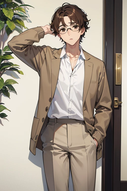 ((Highest quality)), ((masterpiece)), (detailed), ((One mature male))、((A photo showing your thighs to the top of your head))、Standing facing the camera、Front facing、Brown Hair、wavy hair、thick hair、Short Hair、Brown eyes、Glasses、Slim body、Brown cardigan、White shirt、Grey trousers、Expressionless、Looking into the distance、White background