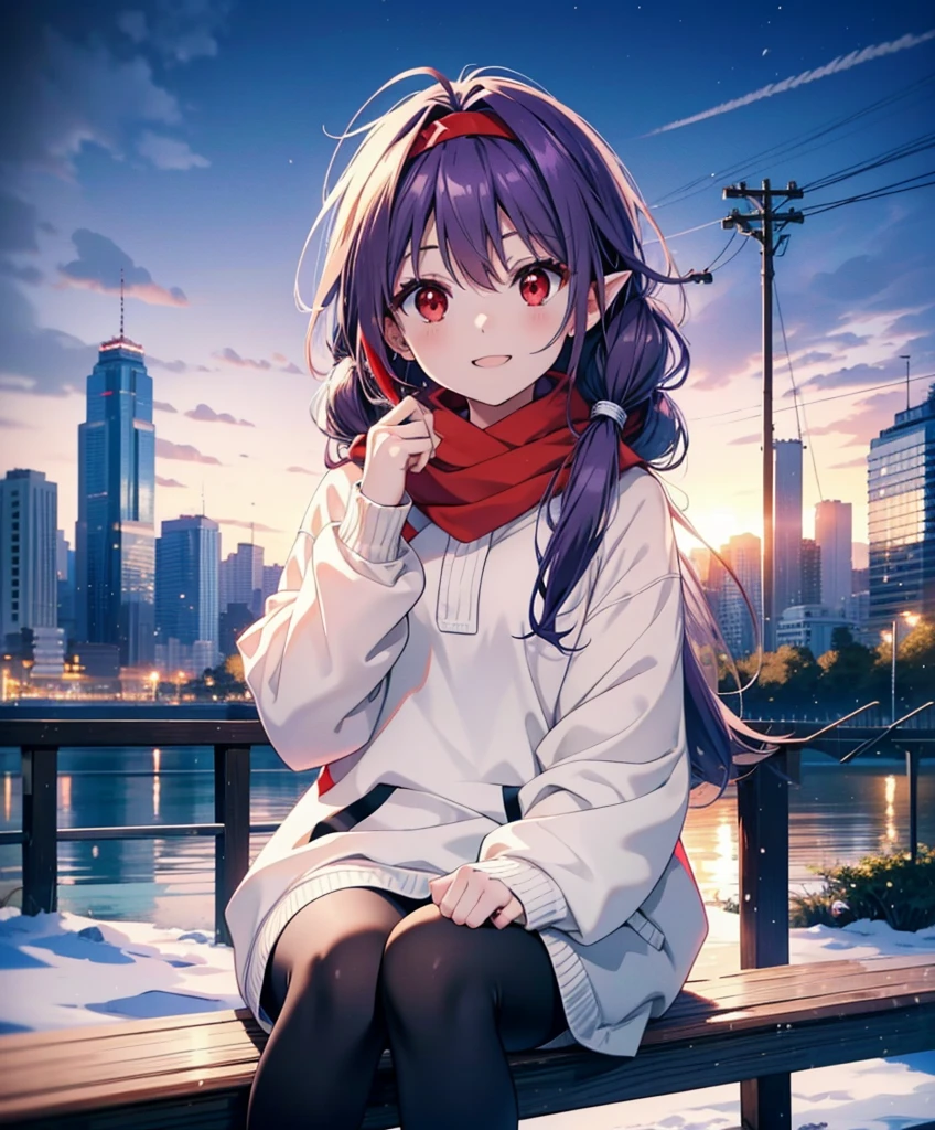 yuukikonno, Konno Yuuki, Long Hair, Pointed Ears, Purple Hair, (Red eyes:1.5), (Small breasts:1.2), Open your mouth,happy smile, smile, Open your mouth,hair band,low twin tail,Red Scarf,Oversized purple hoodie,Long skirt,Black pantyhose,short boots,Holding a paper cup of coffee in both hands,Sitting on a bench,snowが降っている,snowが降り積もっている,snow,snow,snow,snow,snowが積もった木,winter,Cold Sky,night,whole bodyがイラストに入るように,
break looking at viewer, whole body,
break outdoors, garden,
break (masterpiece:1.2), Highest quality, High resolution, unity 8k wallpaper, (figure:0.8), (Beautiful attention to detail:1.6), Highly detailed face, Perfect lighting, Highly detailed CG, (Perfect hands, Perfect Anatomy),