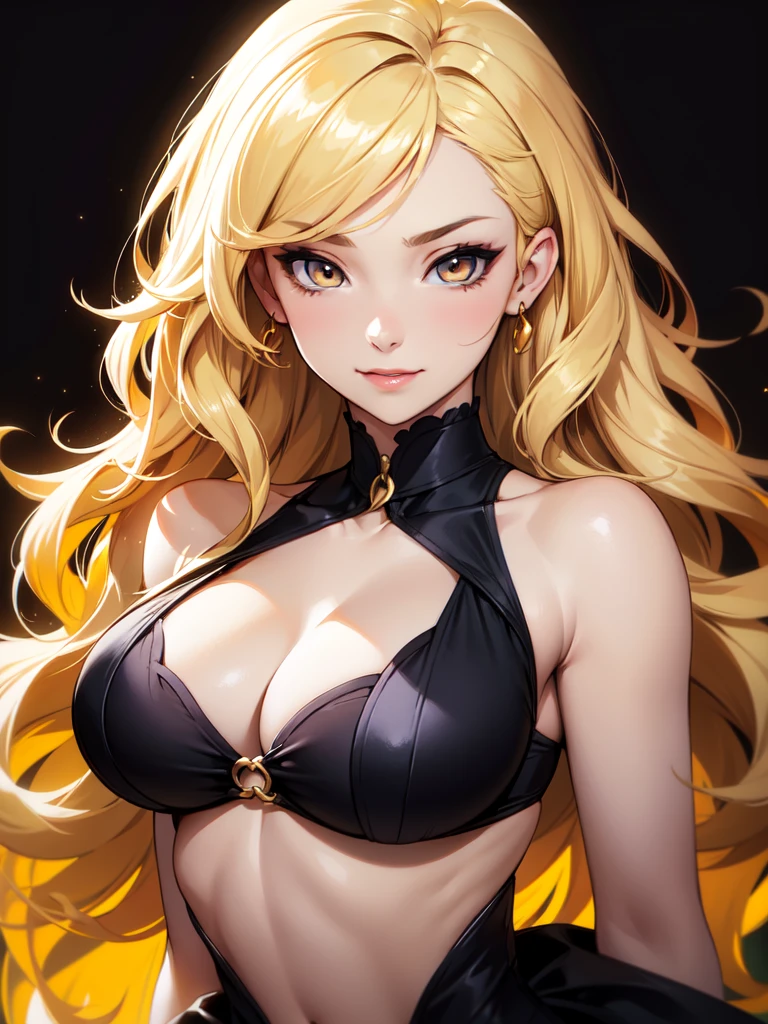 (((Portrait Photo))), She has a Cheerful, Radiant 18-Year-Old Appearance, with a Well-Proportioned, Curvy Build and a Warm, Inviting Demeanor. She has Short, Wavy Blonde Hair that Frames Her Face, with a Side-Swept Fringe. Her Bright Golden Eyes Express an Enthusiastic Look, Giving Off a Vibrant and Positive Attitude. She Wears a Black, Form-fitting Top with an Open Deep V-Cut, Emphasizing Her Thick Breasts. (((High Quality, Dark Background))), (((Portrait Photo)))