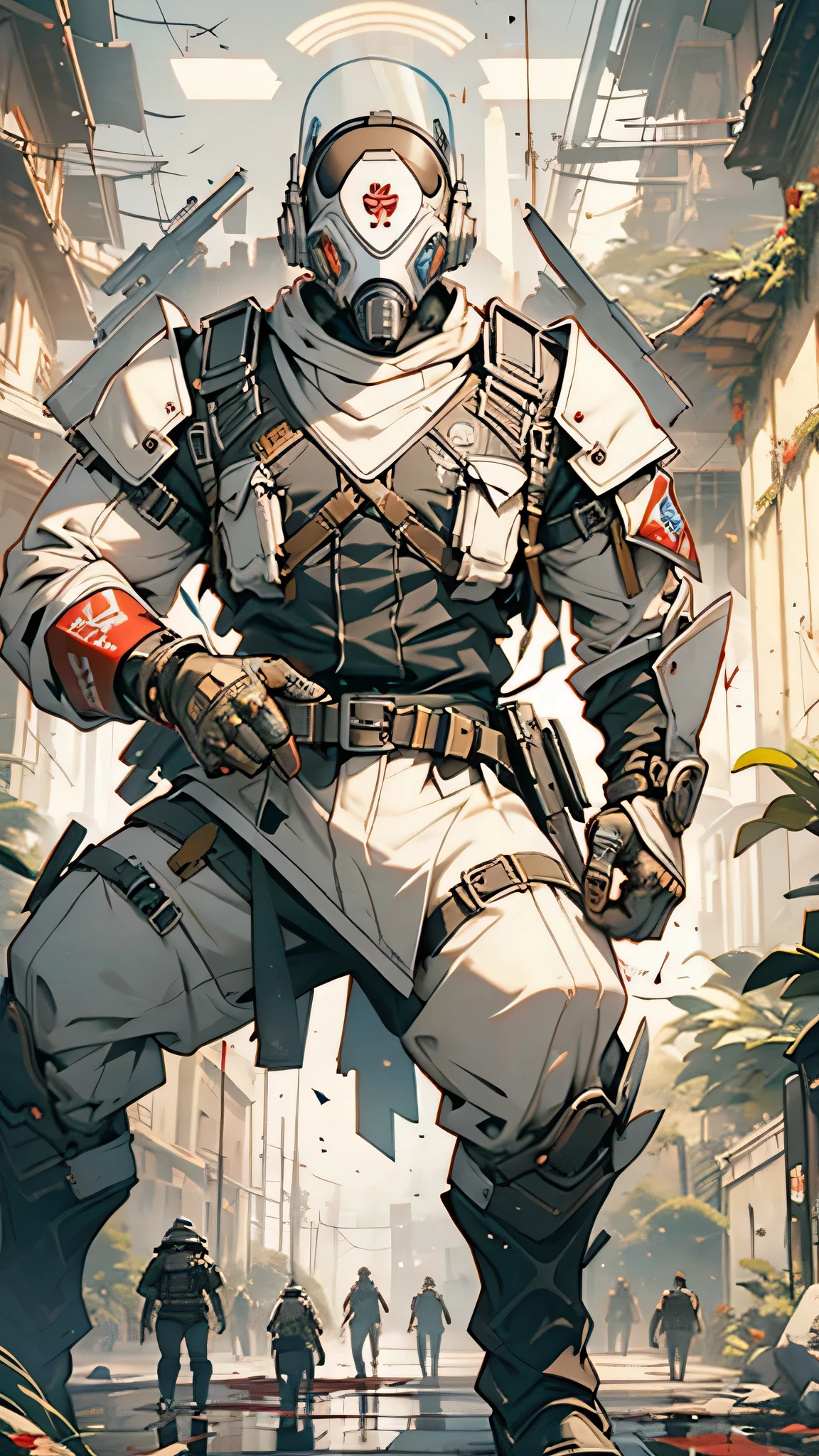 最high quality、Best image quality、masterpiece、male((humanoid、Railgun、Bulletproof vest、Jetpack、Red visor、Run、ault rifle,Full of wounds,gas mask、Gold Color、Fighting Pose、Muscular,Blood splatter,Tattered))high quality、Beautiful art、background((underground,Fighting the monsters)),Tabletop、Exquisite design、Visual Arts、Written boundary depth、Best lighting、The finest details、8k