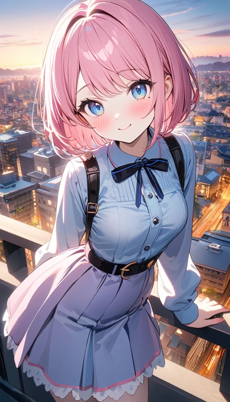 (1 girl),(Best Picture Quality, 8K, Masterpiece:1.3), (high school student:1.5), ((pink lob hair:1.1)), (bob cut),(swept bangs), (cute eyes, pupil black, iris skyblue, youthful face), (mole under right eye), (standard weight), (small breasts), (glistening skin:1.1),(pale skin:1.2),((Kawaii fashion)),((City)),(magnificent view),(Smile).