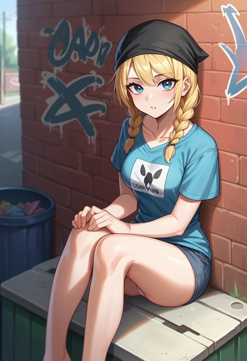((masterpiece)) (best quality), (ultra detailed), (vivid colors, foreshortening, depth of field, fisheye lens) a young teen girl, beautiful, blonde, 2 braids, black bandana in hair, blue eyes, medium breasts, white t-shirt, panties, sitting on her knees, looking straight up at viewer, background is dark alley, dumpster, graffiti