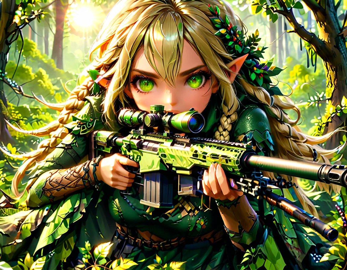 a portrait picture of a 1single female elf sniper, lying on a tree branch aiming a sniper rifle, an exotic beautiful elf sniper, blond hair, braided hair, intense green eyes, ultra detailed face, small pointed ears, forest camouflage cloths, on top of a epic fantasy tree, aiming a Barret M82, fantasy fores background, its sunset, sun rays, some clouds,  (full body shot: 1.1) , vibrant, Ultra-high resolution, High Contrast, (masterpiece:1.5), highest quality, Best aesthetics), best details, best quality, highres, ultra wide angle, 16k, [ultra detailed], masterpiece, best quality, (extremely detailed) Sniper Rifle, Intense gaze
