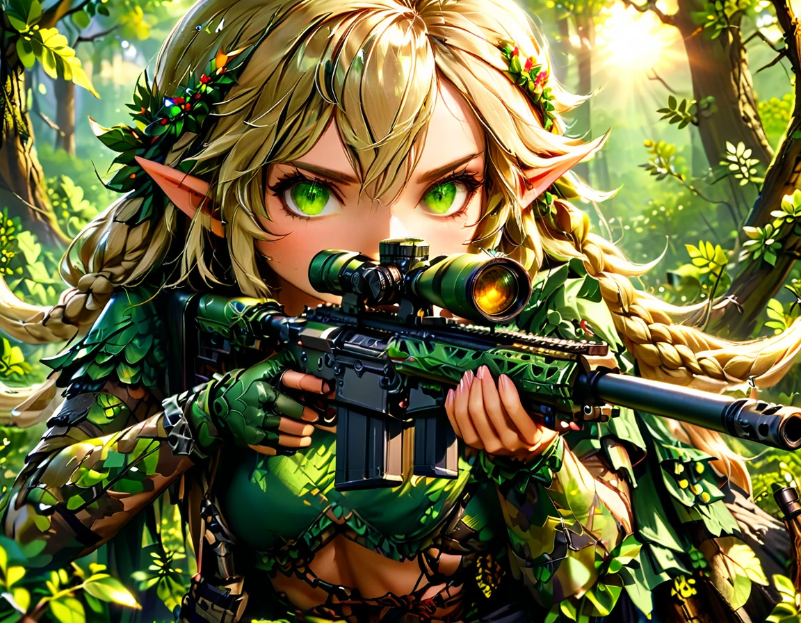 a portrait picture of a 1single female elf sniper, lying on a tree branch aiming a sniper rifle, an exotic beautiful elf sniper, blond hair, braided hair, intense green eyes, ultra detailed face, small pointed ears, forest camouflage cloths, on top of a epic fantasy tree, aiming a Barret M82, fantasy fores background, its sunset, sun rays, some clouds,  (full body shot: 1.1) , vibrant, Ultra-high resolution, High Contrast, (masterpiece:1.5), highest quality, Best aesthetics), best details, best quality, highres, ultra wide angle, 16k, [ultra detailed], masterpiece, best quality, (extremely detailed) Sniper Rifle, Intense gaze
