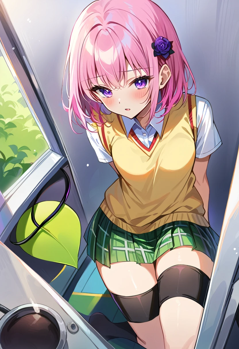 masterpiece, Highest quality, High resolution, One girl,  .Deviluke Type, demon tail, Hair Flower, hair ornaments, (Purple eyes:1.1), Pink Hair, short hair, tail, demon tail, green skirt, Plaid, Plaid skirt, Sainan High , , skirt, Sweater vest, Knee socks, (Yellow Sweater:1.3),Young face