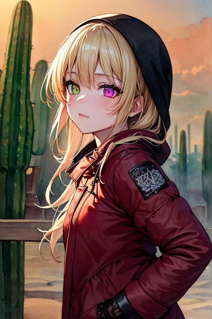 ((sand漠, sand, sand丘, Refraction effect, sun)), (masterpiece, Highest quality), (One girl), (alone), ((Portraiture)), Perfect Face, ((Heterochromia iridis, Blonde and purple hair, ((Red long parka)), Gothic unnecessary belts are everywhere, the background is a beautiful sand漠 with cactus, Tumbleweed, Cinematic Light, sunny day, Dramatic lighting, Super detailed, 8k, watercolor, Dainty, delicate (Gothic Lace, Gothic Rose, Goth aesthetic)