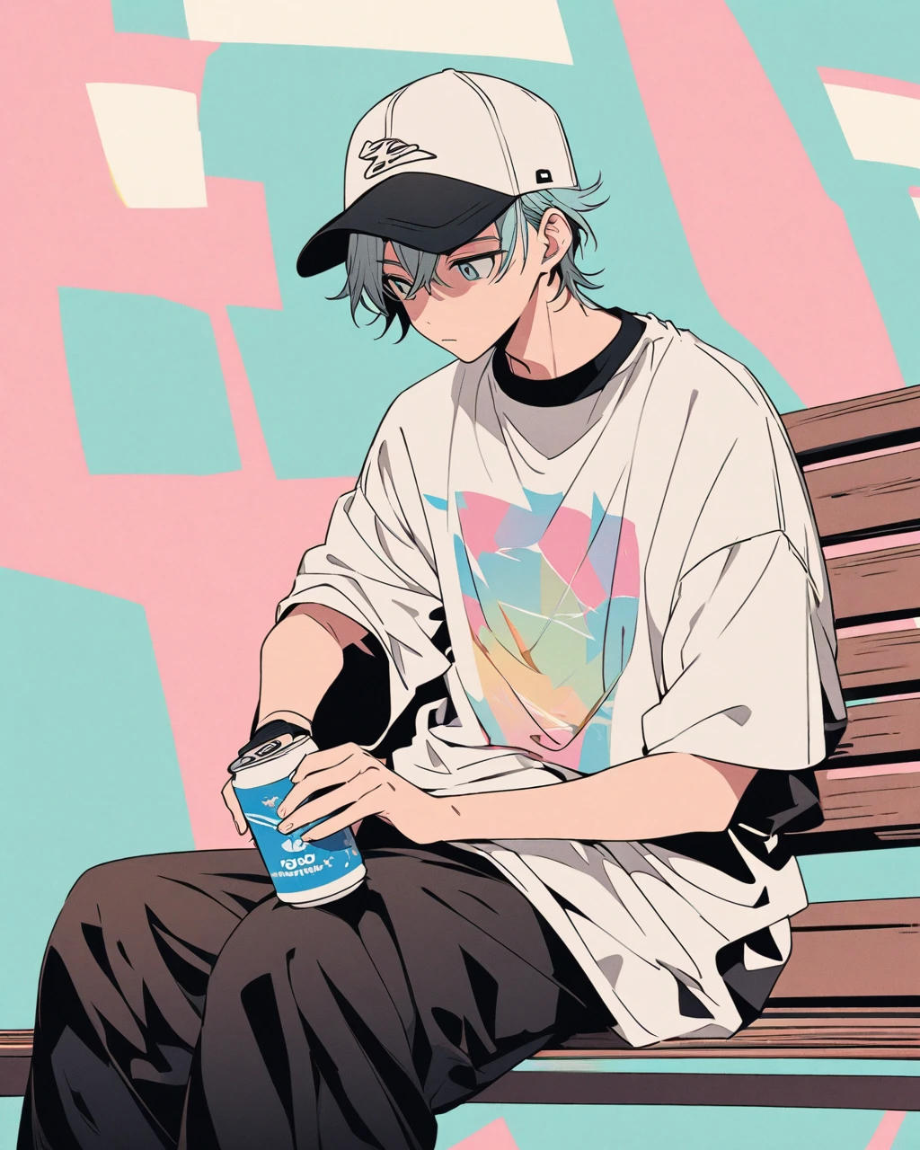 Create a detailed anime illustration of a boy with long, hair and a casual streetwear outfit, including a baseball cap, baggy pants, and a graphic t-shirt. He is seated on a bench, holding a drink can, with a serene expression. Use a two-tone pastel background to highlight the modern and minimalist setting.