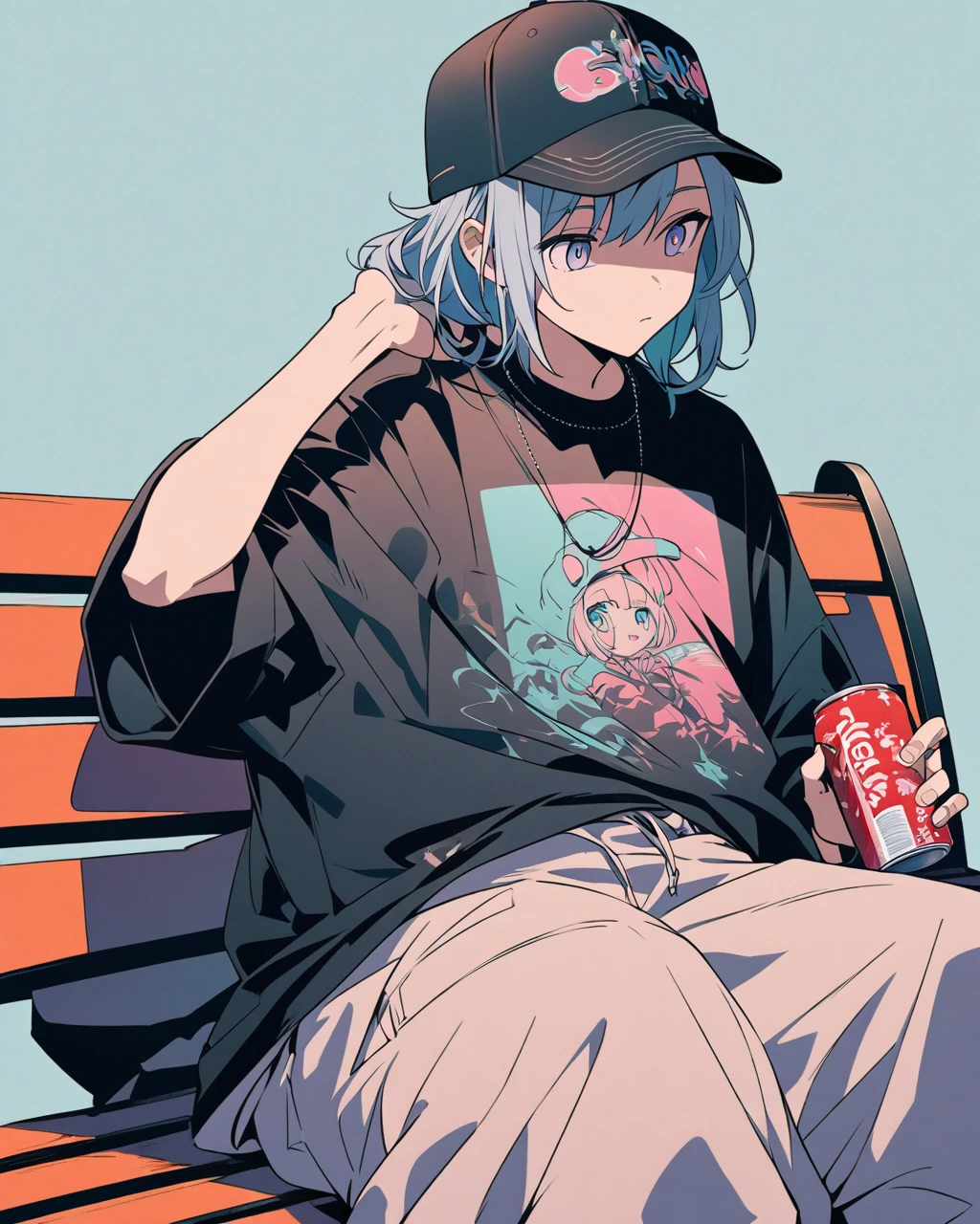 Create a detailed anime illustration of a boy with long, hair and a casual streetwear outfit, including a baseball cap, baggy pants, and a graphic t-shirt. He is seated on a bench, holding a drink can, with a serene expression. Use a two-tone pastel background to highlight the modern and minimalist setting.