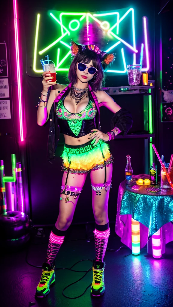 rave party scene, neon lighting, beautiful and sexy young woman full body, short dark brown hair, rave outfit, piercing, tattoos, glasses and drink, high quality, realism, photo.