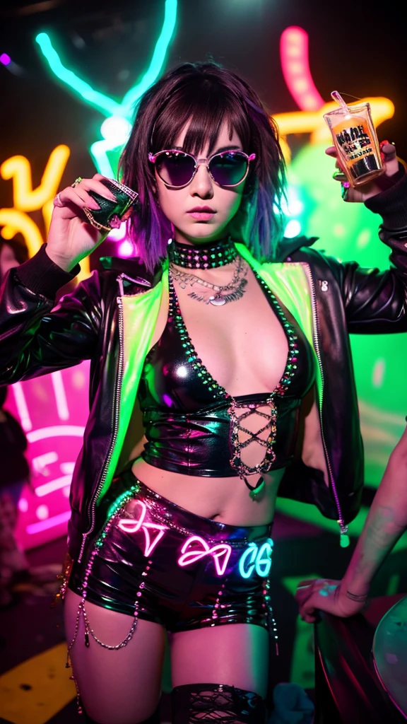 rave party scene, neon lighting, beautiful and sexy young woman full body, short dark brown hair, rave outfit, piercing, tattoos, glasses and drink, high quality, realism, photo.