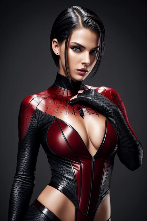 Gorgeous european woman with very short straight hair, short hair, wet hair, hair slicked back, combed straight back, slick hair, streaked caramelblonde hair, seductive, wearing red and black spiderwoman outift, cleavage, solid dark grey background