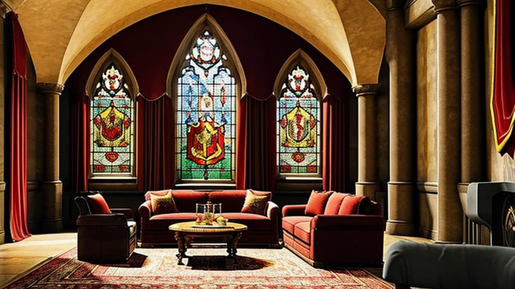 a cozy gryffindor common room, ornate arched windows, red curtains, red velvet rug, portrait paintings on walls, grand fireplace, table with chair, bookshelf, intricate details, warm lighting, cozy atmosphere, hogwarts, magic,beautiful stained glass,medieval, fantasy, interior design, photorealistic, high resolution, masterpiece, ultra-detailed