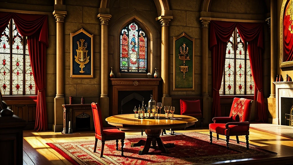 a cozy gryffindor common room, ornate arched windows, red curtains, red velvet rug, portrait paintings on walls, grand fireplace, table with chair, bookshelf, intricate details, warm lighting, cozy atmosphere, hogwarts, magic,beautiful stained glass,medieval, fantasy, interior design, photorealistic, high resolution, masterpiece, ultra-detailed