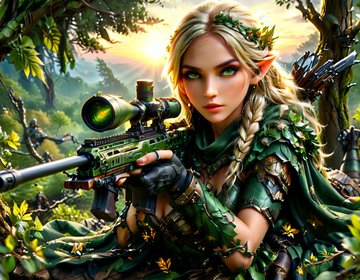 a portrait picture of a 1single female drow elf sniper, lying on a tree branch aiming a sniper rifle, an exotic beautiful elf sniper, white hair, braided hair, (black skin: 1.3),  intense purple eyes, ultra detailed face, small pointed ears, forest green camouflage cloths, on top of a epic fantasy tree, aiming a Barret M82, fantasy fores background, its sunset, sun rays, some clouds,  (full body shot: 1.1) , vibrant, Ultra-high resolution, High Contrast, (masterpiece:1.5), highest quality, Best aesthetics), best details, best quality, highres, ultra wide angle, 16k, [ultra detailed], masterpiece, best quality, (extremely detailed) Sniper Rifle, Intense gaze
