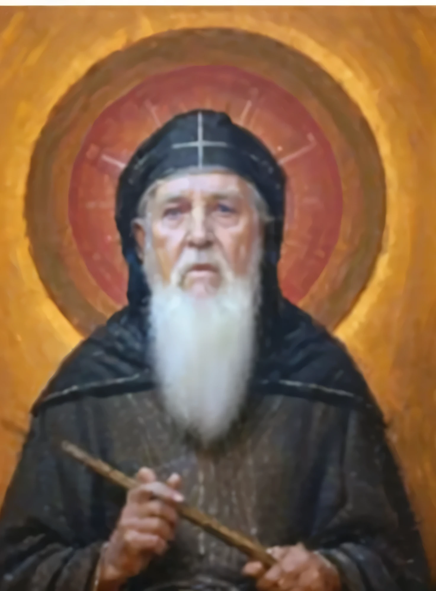 an old man with white beard , wears old roman clothes , wears a black robe on his head with crosses on it ,realistic