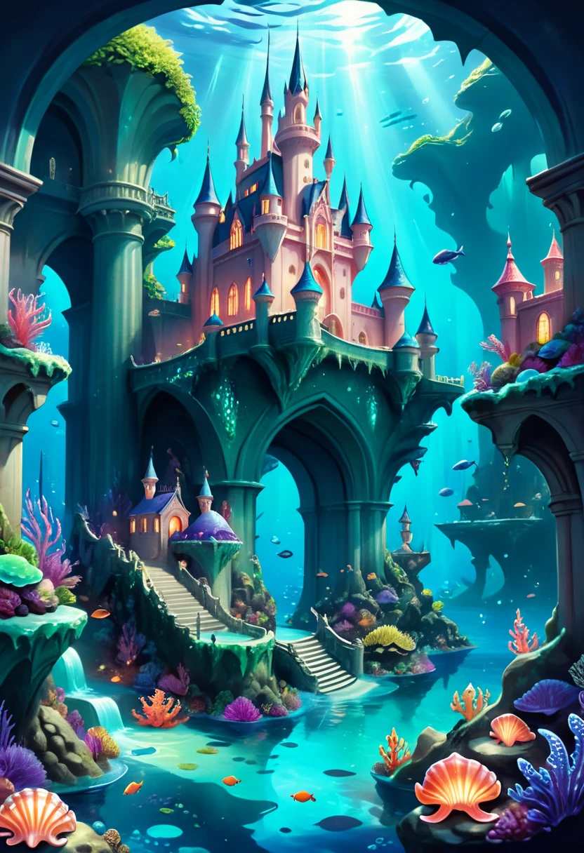 Hyper-realistic digital painting of a submerged fantasy kingdom ruled by a benevolent mermaid queen. Majestic castles made of seashells and pearls rise from the ocean floor, connected by arches of living coral. The streets are filled with mythical sea creatures, from merfolk to sea dragons. The kingdom is illuminated by glowing sea plants and bioluminescent orbs, creating an enchanting and magical atmosphere. Cinematic composition, trending on ArtStation.