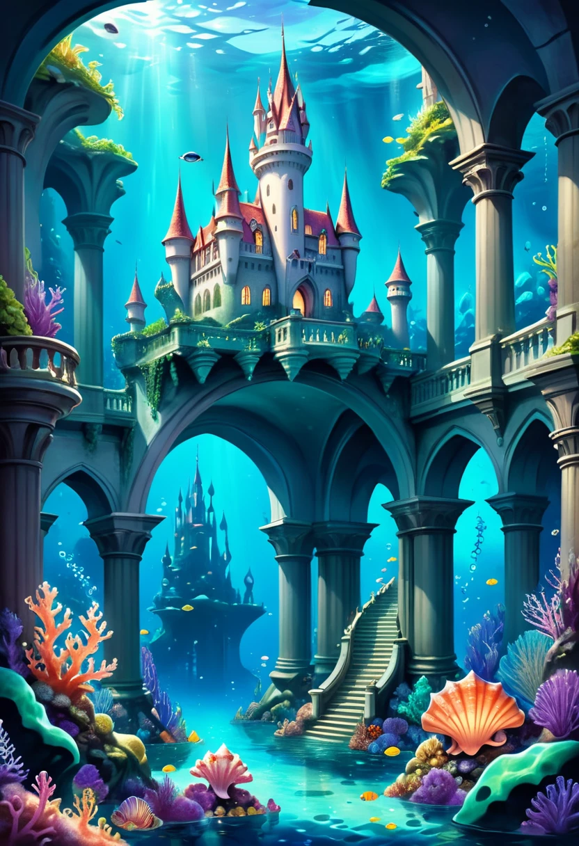 Hyper-realistic digital painting of a submerged fantasy kingdom ruled by a benevolent mermaid queen. Majestic castles made of seashells and pearls rise from the ocean floor, connected by arches of living coral. The streets are filled with mythical sea creatures, from merfolk to sea dragons. The kingdom is illuminated by glowing sea plants and bioluminescent orbs, creating an enchanting and magical atmosphere. Cinematic composition, trending on ArtStation.