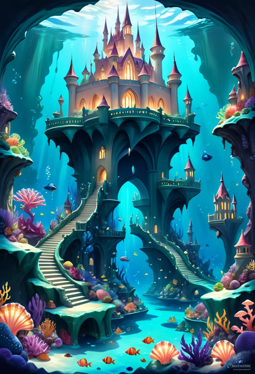 Hyper-realistic digital painting of a submerged fantasy kingdom ruled by a benevolent mermaid queen. Majestic castles made of seashells and pearls rise from the ocean floor, connected by arches of living coral. The streets are filled with mythical sea creatures, from merfolk to sea dragons. The kingdom is illuminated by glowing sea plants and bioluminescent orbs, creating an enchanting and magical atmosphere. Cinematic composition, trending on ArtStation.