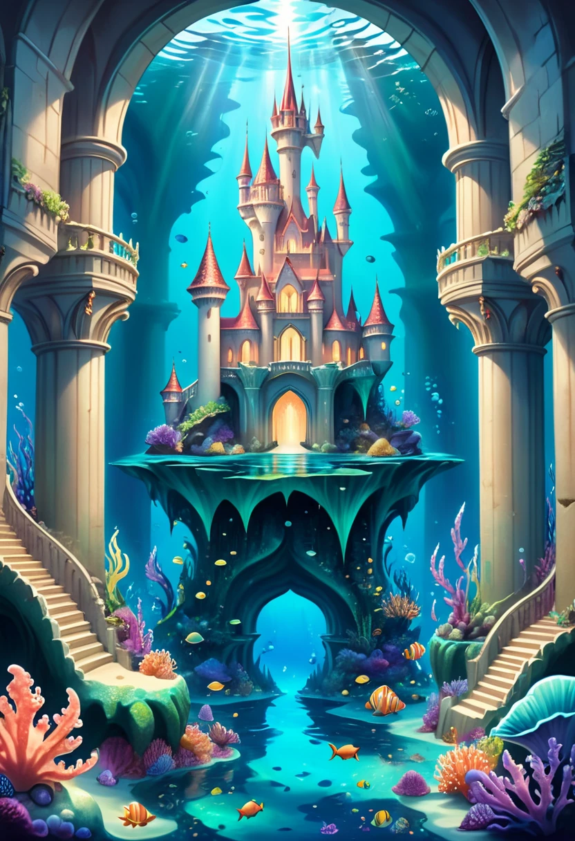 Hyper-realistic digital painting of a submerged fantasy kingdom ruled by a benevolent mermaid queen. Majestic castles made of seashells and pearls rise from the ocean floor, connected by arches of living coral. The streets are filled with mythical sea creatures, from merfolk to sea dragons. The kingdom is illuminated by glowing sea plants and bioluminescent orbs, creating an enchanting and magical atmosphere. Cinematic composition, trending on ArtStation.