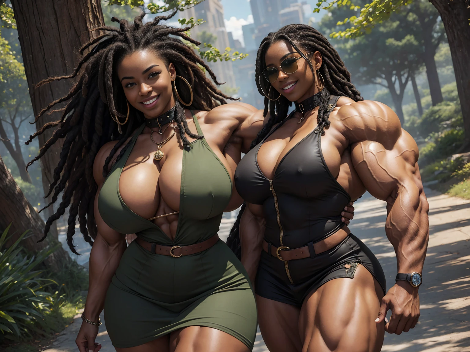 (masterpiece:1.2), (best quality:1.2), ((only one person:1)), {full body image:1}, (huge breasts:1.3), black woman, black hair, dreadlocks, Happy smile, realistic and detailed hands, realistic and detailed face, realistic and detailed tooth, realistic and detailed foots, realistic and detailed face, aviator sunglasses, park, walking on the trail, dark green short dress, bulky, bodybuilder, muscular, (giantess:1.4),