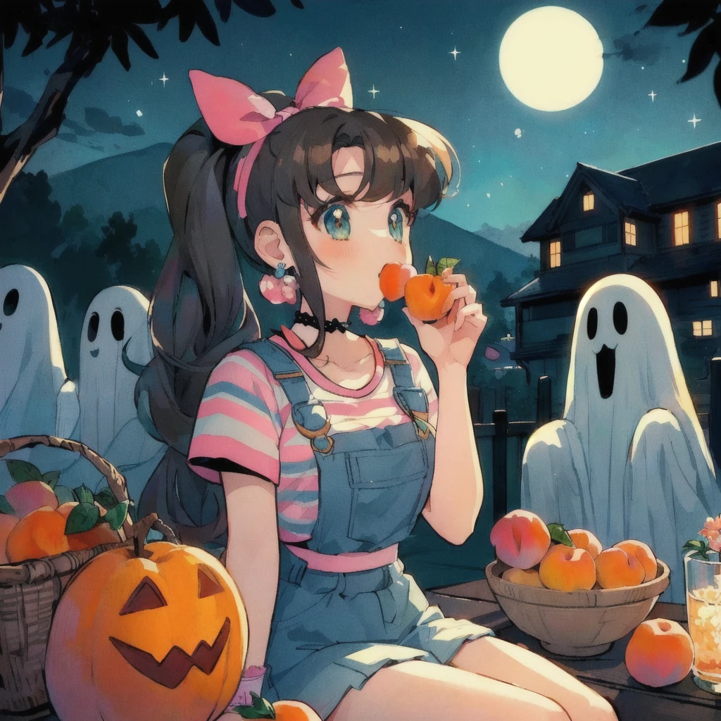 Anime girl sitting on a bench next to a ghost and eating a peach, Cute art style, Pale young ghost girl, Lo-fi Girl, Cute Anime girl, pretty girl, Splash art anime , 80s anime style,Anime Style 4k, High quality anime art style, Cute Anime, pretty girlのアニメビジュアル, Cute Anime style, Anime-style illustrations, Nightcore