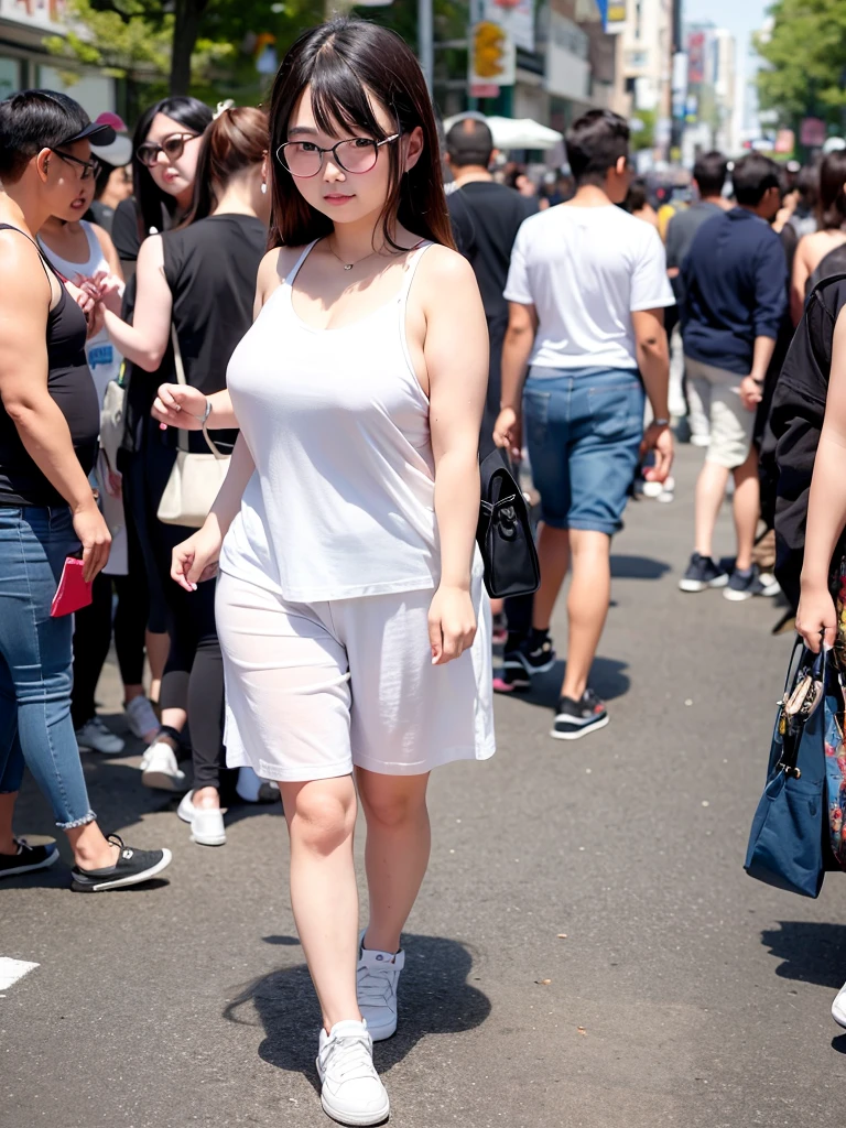 A beautiful Taiwanese girl with a chubby posture walks down the street amidst a crowd of people wearing glasses and a white tank top