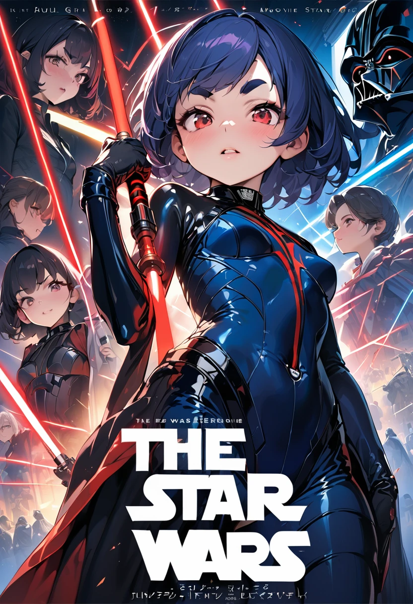 (masterpiece, best quality,ultra highres), (movie cover art of "star wars"),In the center of the poster, the new heroine holds her lightsaber in the air,(girl,,(darkblue wavy-short hair),thick eyebrows,middle small breasts),(wearing a Darth Maul suit),