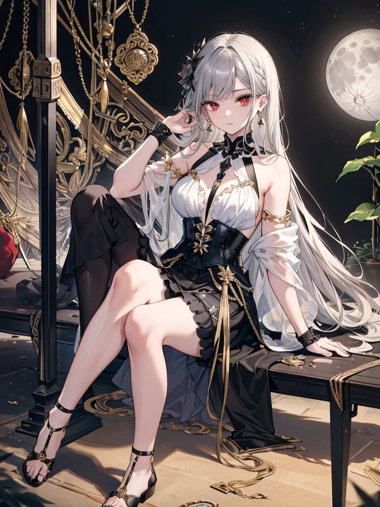 8k,High resolution RAW color art, Anime Art,Silver Marble Skin, (((Very detailed and cool))), Detailed skin, texture,(Exquisitely crafted, The finer details, Ultra-detailed art), (1 Girl), Depth of written boundary, Silky Touch, Hyper Detail, (((Cool face))), eye shadow、Armed women, Beautiful detailed red eyes, Beautiful lip detail, Highly detailed face, Delicate depiction of hair and eyes, Detailed Fashion, Golden Earrings, Slightly larger breasts,Full body depiction, Black off-shoulder、Bare back、((((Black below-the-knee skirt)))、Black tights up to the knee、Thighs、Golden decoration, Gray Hair, Golden bracelet, Long Straight Hair、(((Hair)))、ice flower、moonlight、Less skin area、(((Mature)))、Calm background、Black theme