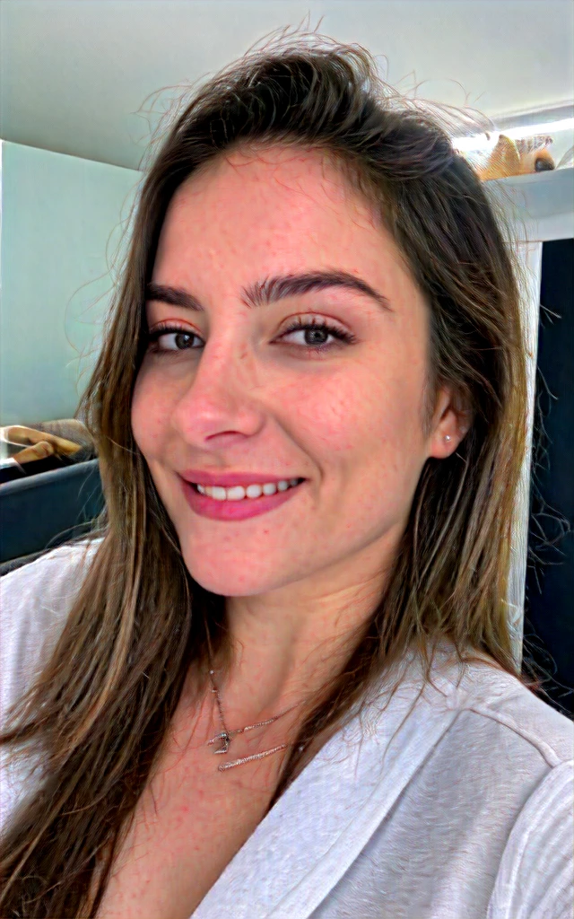 Rendu de haute qualité d’un mignon de 24 ans.Tina Douthit, Cheveux bruns mi-longs, Yeux noisette symétriques détaillés, Ayez l’air confiant, détendu, Sourires, avec un soupçon de supériorité, Superbe photo réaliste, Rendu 3D, détails complexes, cinématographique, Image de couverture hyper-réaliste centrée, photo post instagram, prise de distance moyenne, ultra realiste, photo dans un miroir, selfie