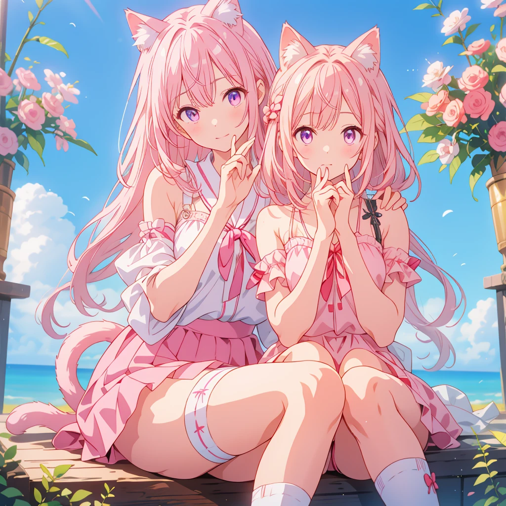 Cute With a girl cat ears、Japanese anime style、Moe、(Full body 2.0)、(Only 1 person 2.1)、(No background 1.8)、Lifelike and detailed body、、With a girl、Childish、10 years old、Hair length、Bans、Pink Hair、Lifelike and detailed face、Beautiful eyes with realistic detail,、 Real and highly delicate arms and hands、A highly realistic and detailed human hand(Five fingers)、The most beautiful girl in the world、Delicate and beautiful pink cat eyes、Real skin texture、Private Server、Lolita、mini skirt、(Lifelike and detailed pink stockings 2.5)、(Lifelike long boots 1.5)