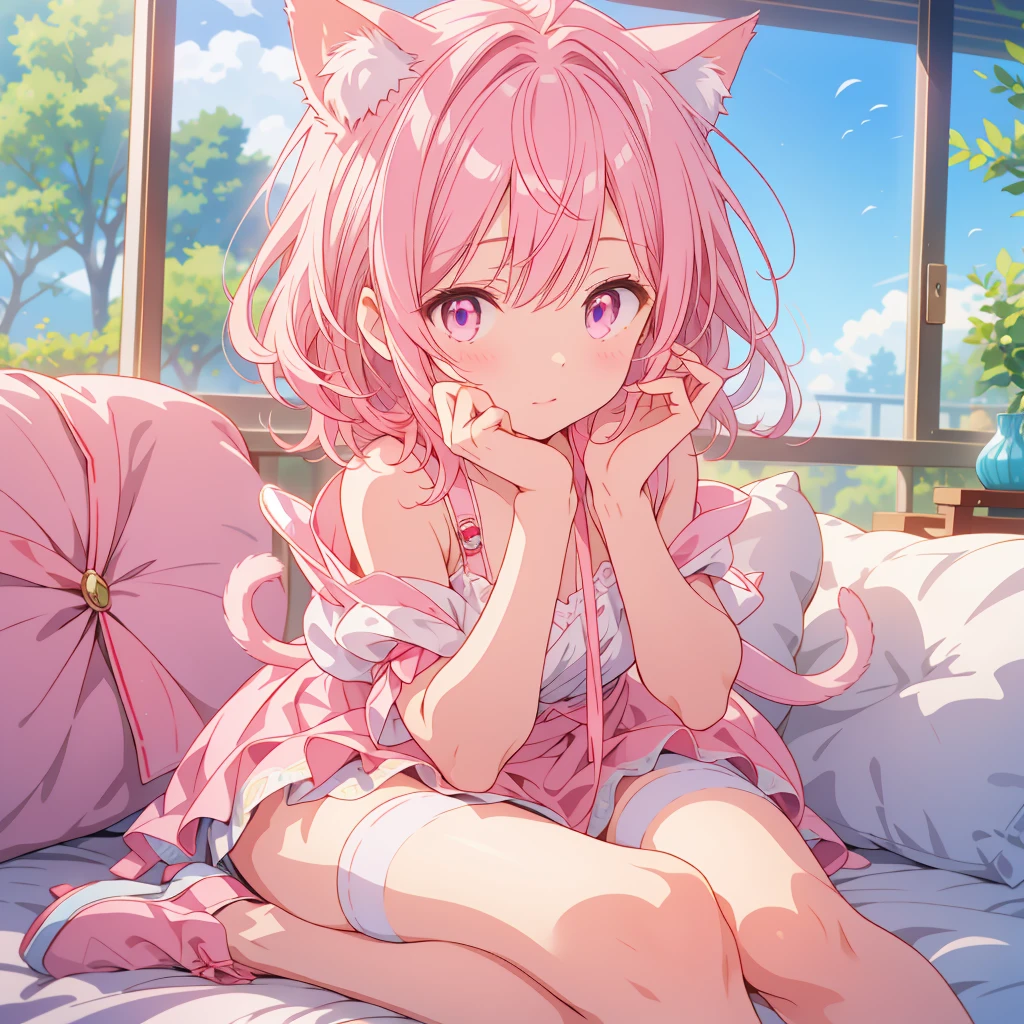Cute With a girl cat ears、Japanese anime style、Moe、(Full body 2.0)、(Only 1 person 2.1)、(No background 1.8)、Lifelike and detailed body、、With a girl、Childish、10 years old、Hair length、Bans、Pink Hair、Lifelike and detailed face、Beautiful eyes with realistic detail,、 Real and highly delicate arms and hands、A highly realistic and detailed human hand(Five fingers)、The most beautiful girl in the world、Delicate and beautiful pink cat eyes、Real skin texture、Private Server、Lolita、mini skirt、(Lifelike and detailed pink stockings 2.5)、(Lifelike long boots 1.5)