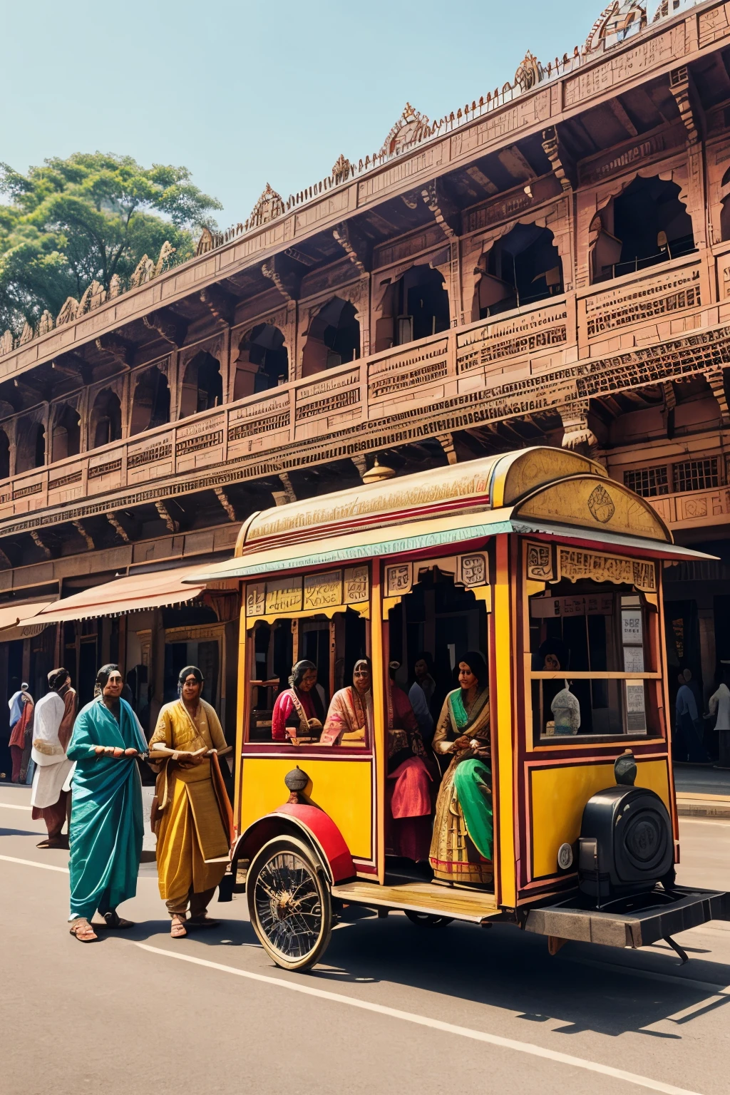 A detailed illustration capturing the intricate details of the station architecture and the hustle and bustle of the passengers.
A colorful scene with passengers in traditional Indian clothing like sarees, kurtas, and dhotis.
Vendors selling snacks and chai (tea) from carts amidst the crowd.
A display board with information written in Hindi and English.
Rickshaws parked outside the station, adding to the bustling atmosphere.
