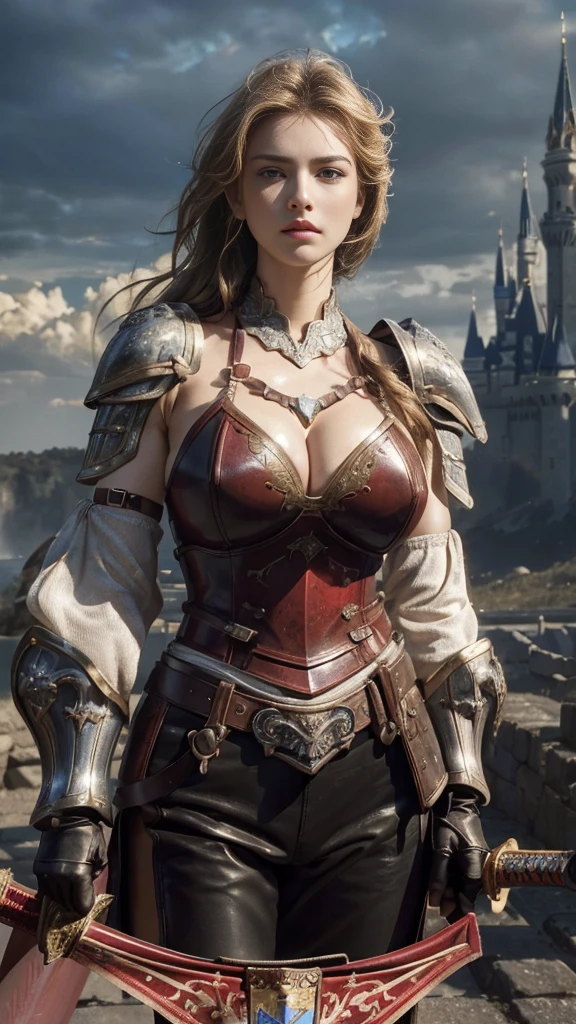 ((8k, Highest quality:1.2))、((masterpiece)), Beautiful woman, (Attractive Russian Model:1.0)、(((Red Armor)))、(((Holding a sword)))、((Ready your sword))、((Colorful armor))、((Western image))、((Background European castle))、(Strong muscular body), (Golden Hair),(((female knight)))、 Braid、Disheveled Hair、feet, (High fantasy battlefield environment), High resolution, (Skin Texture:1.1), Highest quality, 超High resolution, (Realistic: 1.4), RAW Photos, By Ellen von Unwerth, Nikon D850 film stock photos, F1.6 Lenses, Rich colors, Bokeh, Sharp focus, Realistic, Cinestill 800, Backlight, Rim Light, Strong sunlight, Realistic, Realistic Shadow, 3d, (Castle Background:1.2),Hair blowing in the wind、Upper Body、 (Leather gloves),Combat Accessories,breastplate、、Voluminous lips、((Big Breasts))、((Huge breasts))、((Perfect Face))、Big eyes、Delicate eyes、((looking at the camera))、belt、Intricately patterned armor、((whole body))、Delicate hands、Uplifting、Are standing、