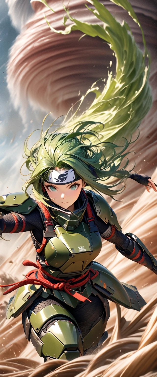 (masterpiece),(Highest quality),(High resolution),(Very detailed),8k,wallpaper,(Armored Core Style),Woman in ninja robot armor,(Tactical Forehead Protector),Random Hairstyles,(Wind Ninja),(Light green body),(Detailed face),((Cowboy Shot)),(((The background is a tornado:1.3))),Hair blowing in the wind,(dynamic),(Making a Ninja Sign),(action shot)