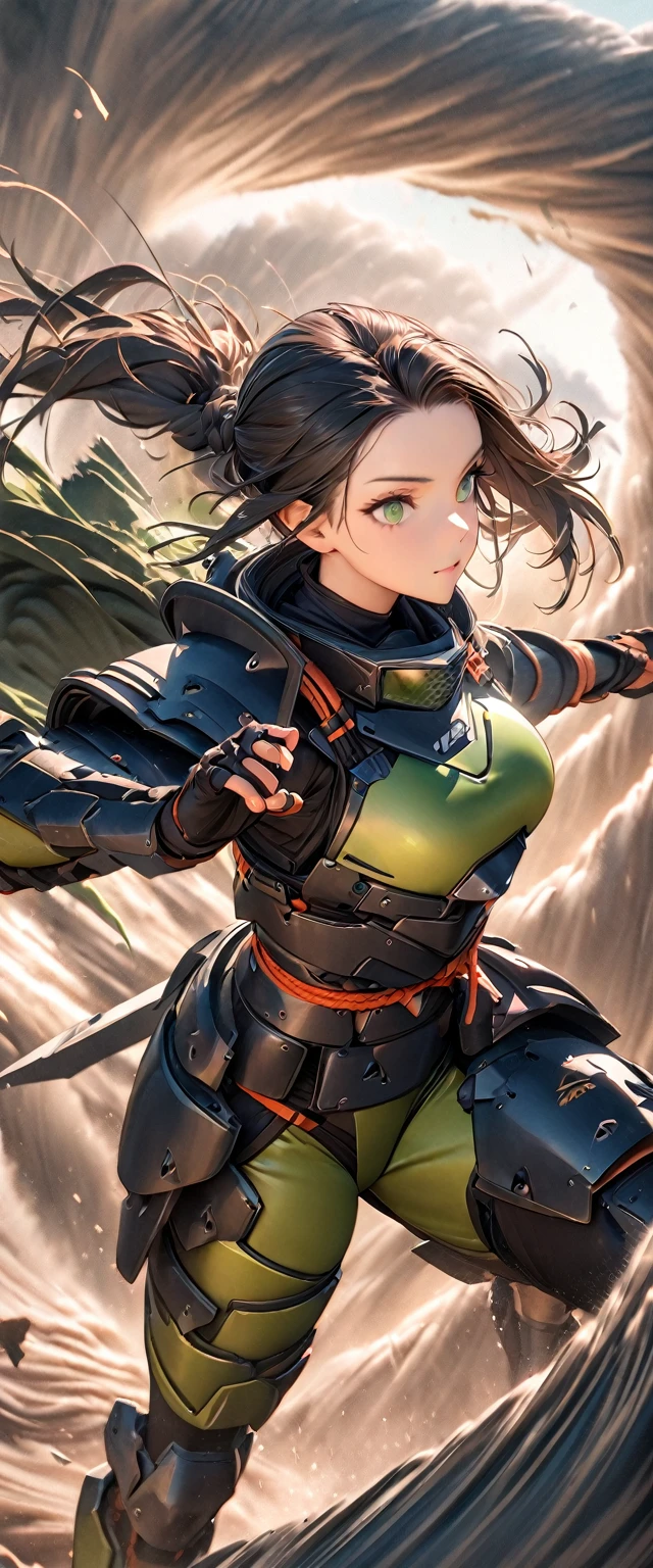 (masterpiece),(Highest quality),(High resolution),(Very detailed),8k,wallpaper,(Armored Core Style),Woman in ninja robot armor,(Tactical Forehead Protector),Random Hairstyles,(Wind Ninja),(Light green body),(Detailed face),((Cowboy Shot)),(((The background is a tornado:1.3))),Hair blowing in the wind,(dynamic),(Making a Ninja Sign),(action shot)