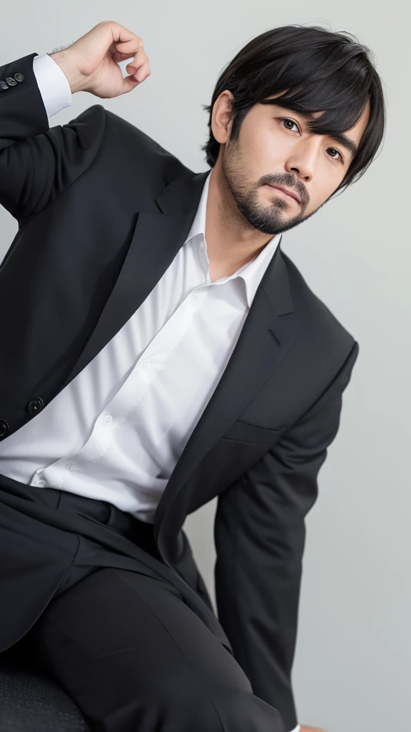 male、32 years old、less beard、Tired face、Poor eye、Long bangs、Parting of the bangs、Shot from the thigh up、Are standing、looking at the camera、Black suit、Plain white background、Single、Businessman、Japanese salaryman、Natural pose