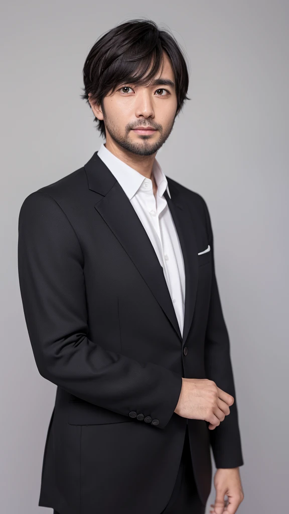 male、32 years old、less beard、Tired face、Poor eye、Long bangs、Parting of the bangs、Shot from the thigh up、Are standing、looking at the camera、Black suit、Plain white background、Single、Businessman、Japanese salaryman、Natural pose