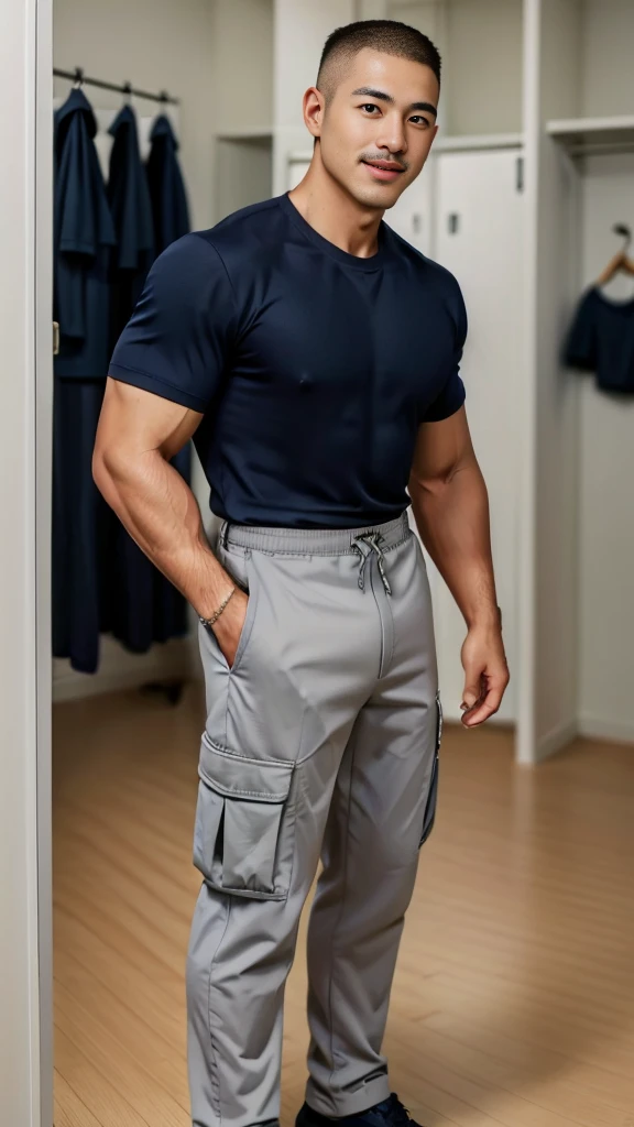 Masterpiece, best quality, high resolution, realistic, handsome, Take beautiful photos, Photo of the 35 year old gym association (The man has a thin mustache.) ,Full body, Portrait, Standing in the locker room, make military media, weight, Amazing , Buzzcut short hair,stubble head , (Hyper Muscle),looking at the audience, Flirt with the camera, charming, (Tight navy blue workout shirt. Cargo pants ),(GS-Male:1), 8k,Bokeh,Portrait,look at the viewer, smile