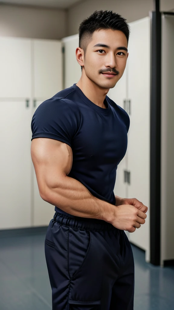 Masterpiece, best quality, high resolution, realistic, handsome, Take beautiful photos, Photo of the 35 year old gym association (The man has a thin mustache.) ,Full body, Portrait, Standing in the locker room, make military media, weight, Amazing , Buzzcut short hair,stubble head , (Hyper Muscle),looking at the audience, Flirt with the camera, charming, (Tight navy blue workout shirt. Cargo pants ),(GS-Male:1), 8k,Bokeh,Portrait,look at the viewer, smile