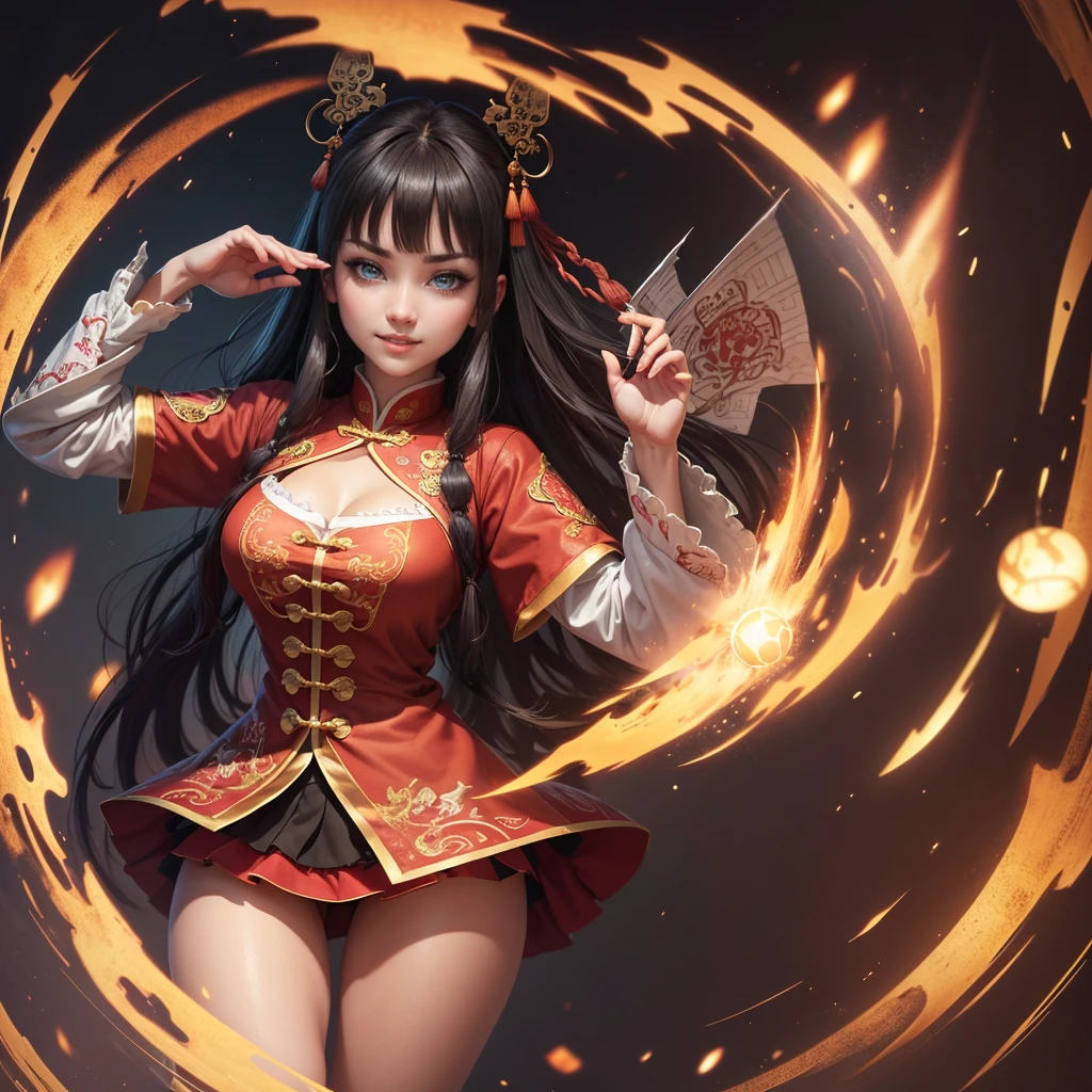 Highly detailed CG unit 8k wallpaper, masterpiece, High resolution, highest quality, highest quality real texture skin, Super Real, Digital Painting, Best image quality, 最High resolution, 8k, ((Highly detailed eyes and face)), 1girl, Beautiful eyes every detail, Full Body Shot, Chinese style embroidery, china clothes, ancient China, evil grin, evil smile,