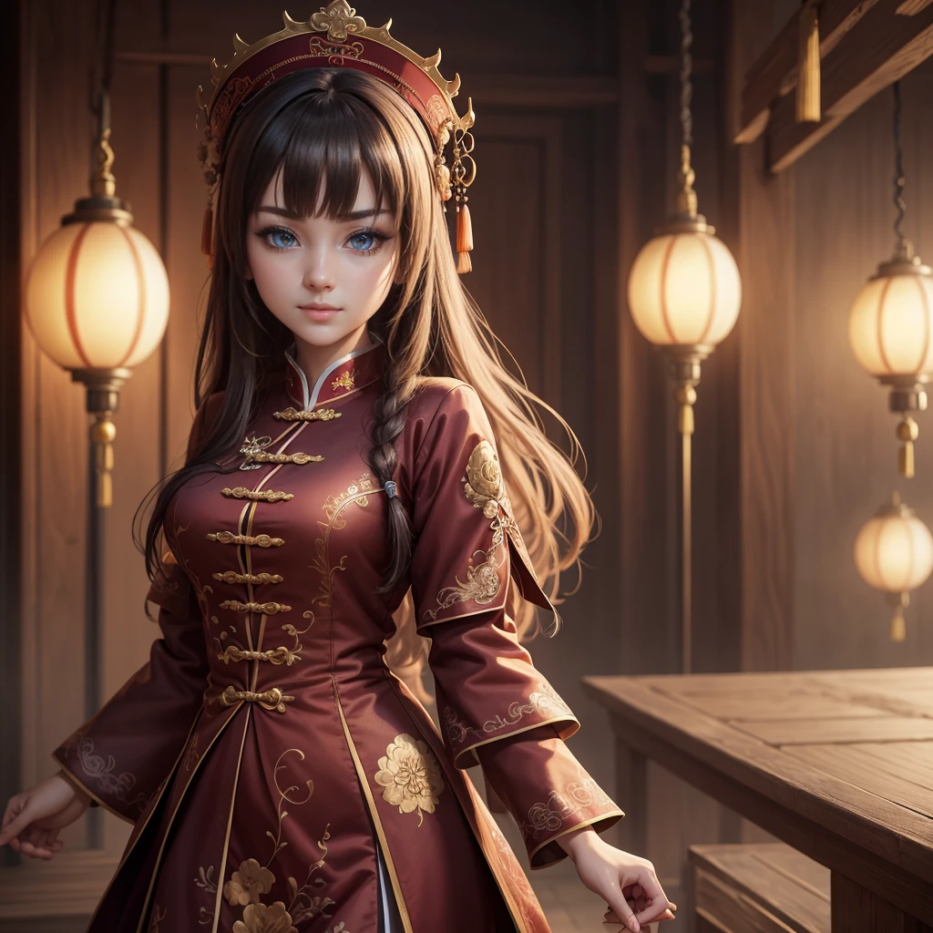 Highly detailed CG unit 8k wallpaper, masterpiece, High resolution, highest quality, highest quality real texture skin, Super Real, Digital Painting, Best image quality, 最High resolution, 8k, ((Highly detailed eyes and face)), 1girl, Beautiful eyes every detail, Full Body Shot, Chinese style embroidery, china clothes, ancient China, evil grin, evil smile,