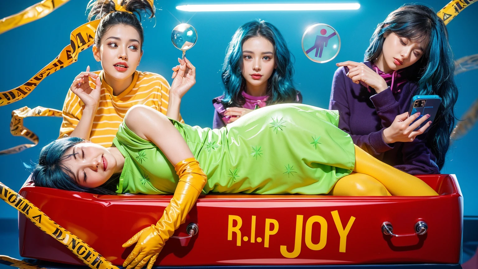 This image depicts a striking and colorful scene involving four characters. At the center, a woman with vibrant blue hair lies inside a red box with the words "R.I.P JOY" written on it. She is dressed in a vivid neon green dress paired with yellow gloves, her relaxed posture and closed eyes suggesting a peaceful or theatrical repose. Surrounding her are three other individuals in dynamic poses and bright outfits, adding layers of narrative or thematic contrast. The background features bold, saturated colors that enhance the visual impact of the scene, creating a surreal and stylized atmosphere. effectively conveying a sense of joy and creativity. аffects render, (glossy plastic texture with multiple big light probe refractions), perfect cgi, smooth silhouette, high intensity refraction, (super glossy plastic material), most beautiful vfx, , realistic, 4k, high resolution, rim light, smooth 3d model, multiple light sources, rim light, sharp post effects render,, realistic, 4k, high resolution, rim light detailed digital art, reflective, best quality, 4k, masterpiece:1.2, ultra-detailed, realistic, vivid colors, The image of the highest quality, ensuring every detail showcased perfectly. It in 4k resolution, allowing viewers to immerse themselves in the richness of the colors and intricate details. The realistic rendering. under the spotlight, reflecting, high-resolution image, realistic rendering