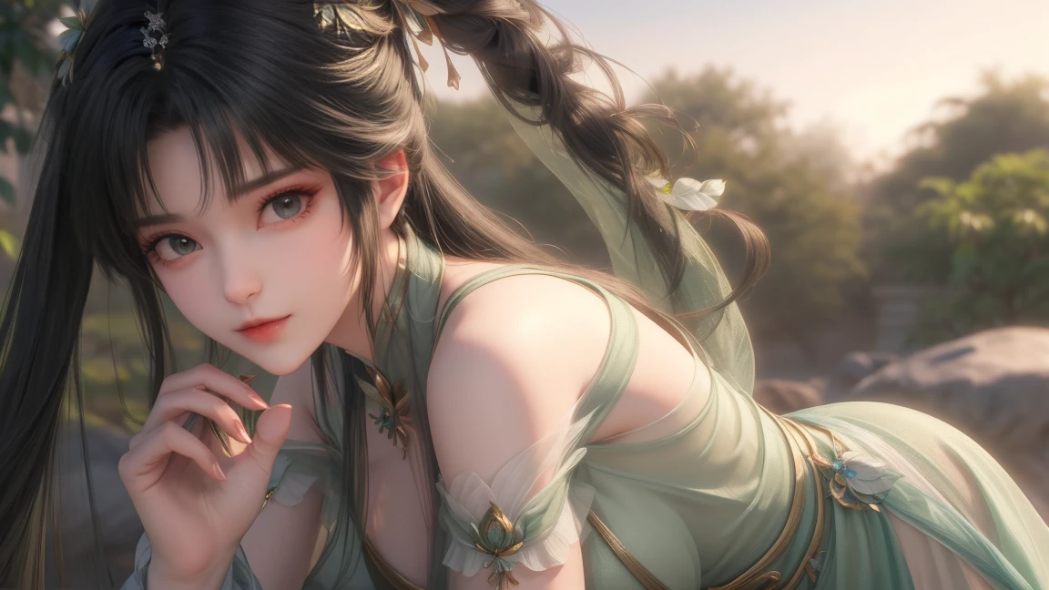 （masterpiece，Very detailed，High-resolution details，Highly detailed art）1 girl，Half Body，Xianxia，monochrome，Green Dress，Lotus Leaf，elegant，Highly detailed character designs from East Asia，Game character costume design，simple，Ultra-high resolution, Clear focus, Epic Works, masterpiece, (Very detailed的 CG 统一 8k 壁纸)，Pretty Face，beautiful eyes，High-resolution details