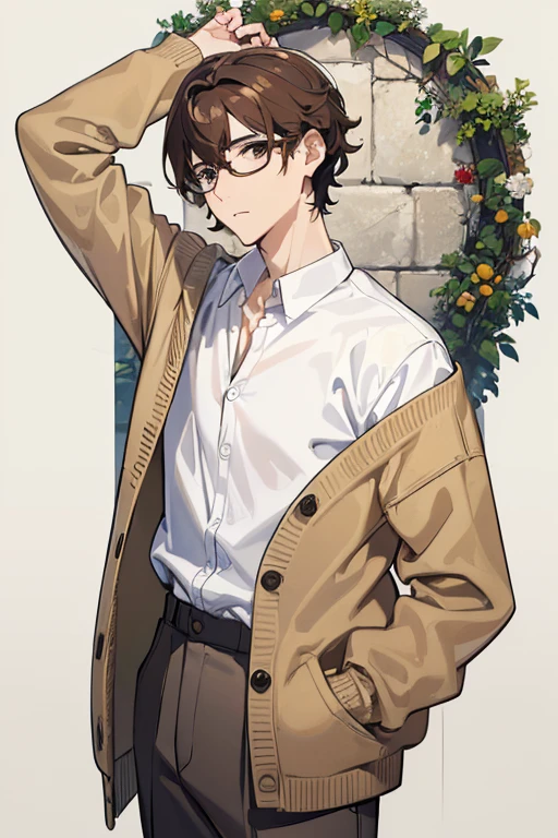 ((Highest quality)), ((masterpiece)), (detailed), ((One mature male))、((A photo showing your thighs to the top of your head))、(Standing facing the camera)、Front facing、Brown Hair、wavy hair、thick hair、Short Hair、Brown eyes、Glasses、Slim body、(Brown cardigan)、White shirt、Grey trousers、Expressionless、Looking into the distance、White background